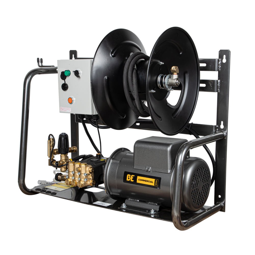 Wall-mount electric BE Commercial pressure washer with hose reel, control box, brass pump and electric motor on a steel frame