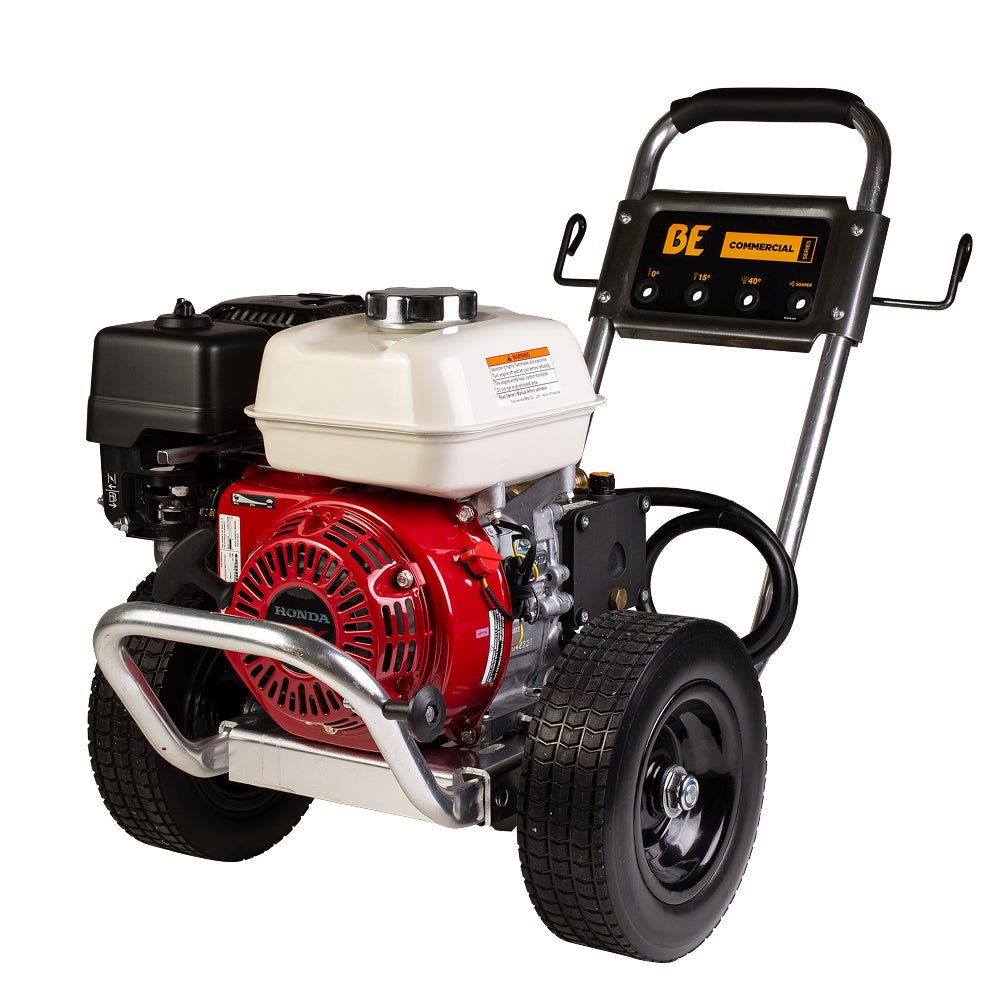 BE Commercial gas pressure washer with a Honda engine on a wheeled frame with a control panel