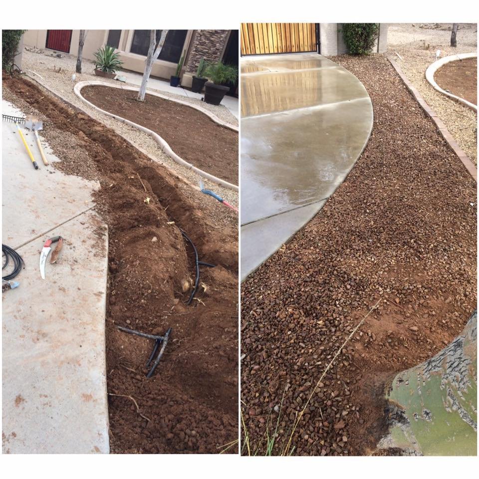 Trench with irrigation line dug beside a curved concrete edge, next to the same strip filled with gravel