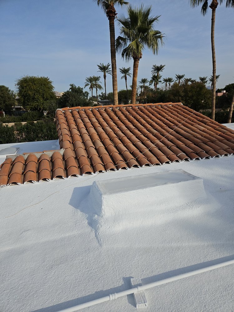 Freshly coated white foam flat roof beside a clay tile section, with palm trees in the background