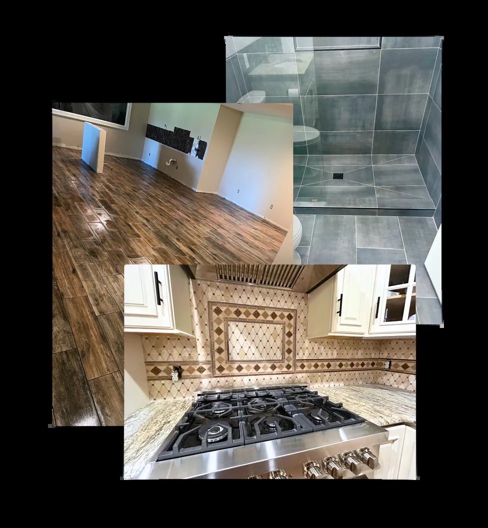 Collage of finished remodel work: wood-look plank tile floor, gray tiled shower with glass door, and diamond-pattern kitchen backsplash behind a gas range