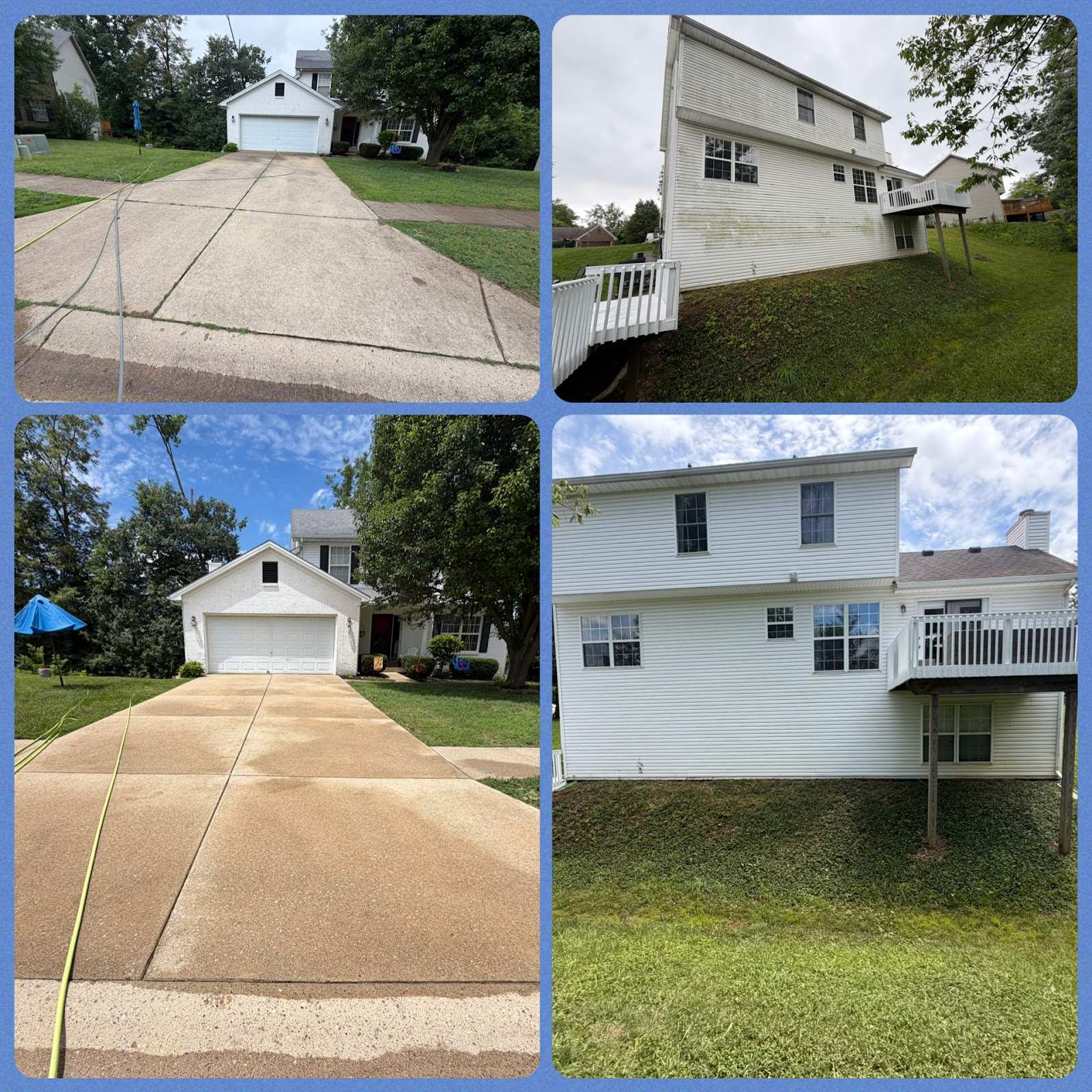Four-panel before-and-after of a two-story house showing a stained driveway and dingy siding, then both cleaned