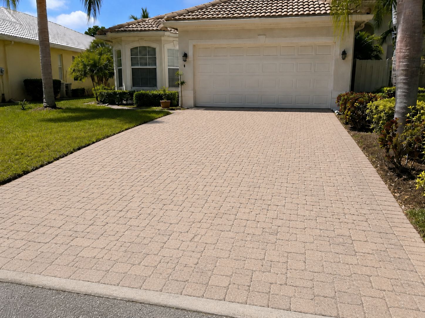 Clean brick paver driveway leading to a two-car garage of a tile-roofed stucco home with palms and landscaping