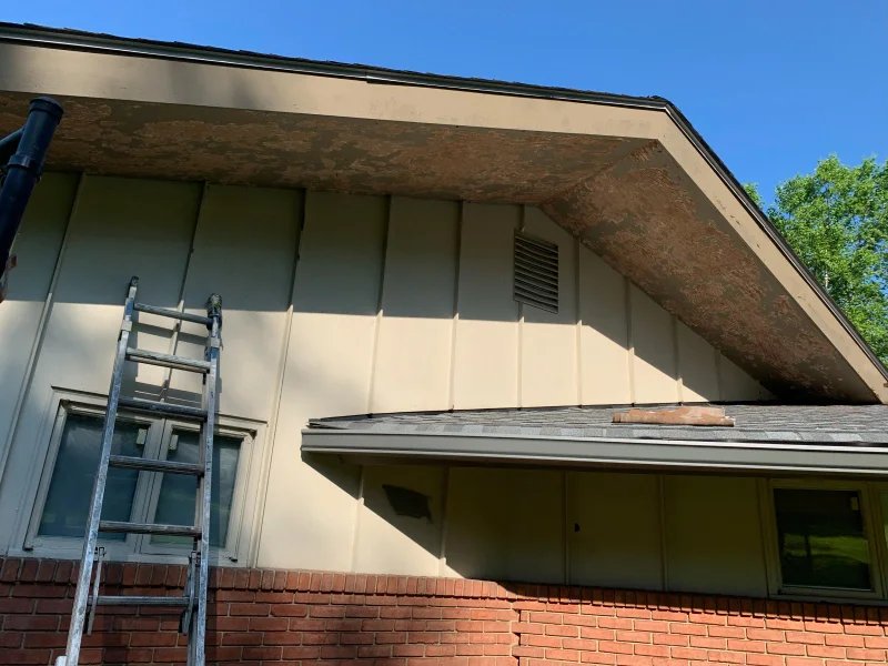 Weathered, peeling paint on the eaves and siding of a house, with a ladder leaning against the wall