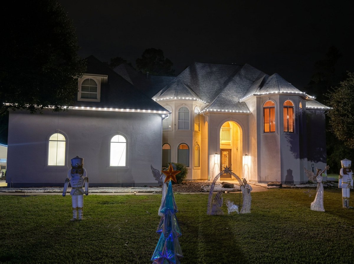 Two-story house at night outlined in white lights, with nutcracker figures and a nativity scene on the lawn