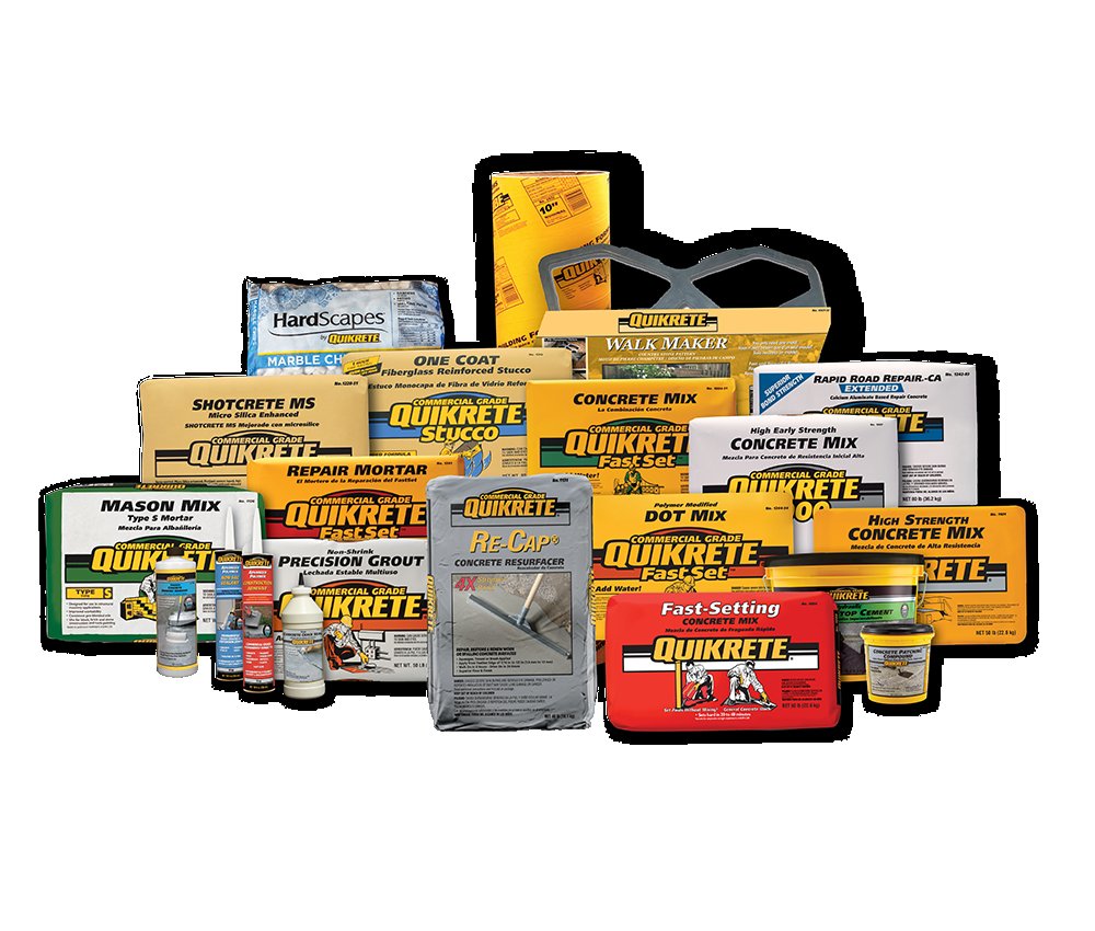 Assorted Quikrete bagged products, including fast-setting concrete mix, mason mix, stucco, grout and resurfacer, grouped together
