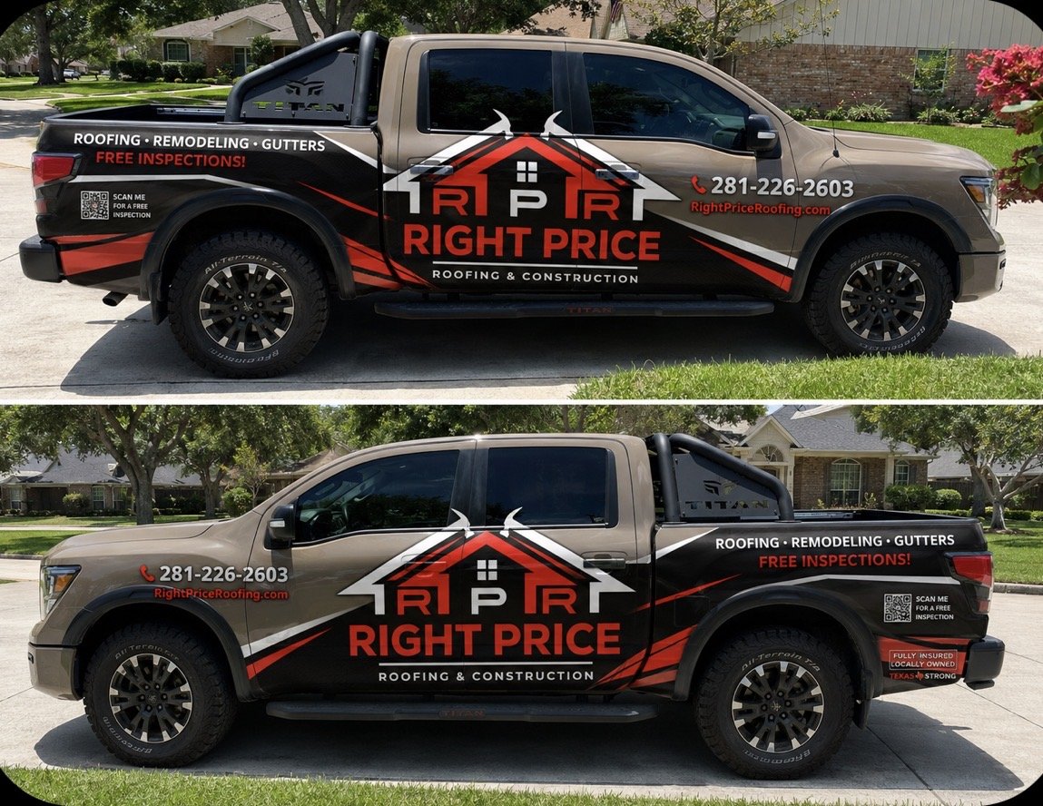 Two views of a branded Right Price Roofing and Construction pickup truck with red and black wrap, phone number and free inspections offer