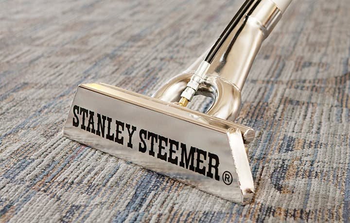 Chrome Stanley Steemer cleaning wand head resting on patterned gray-blue carpet