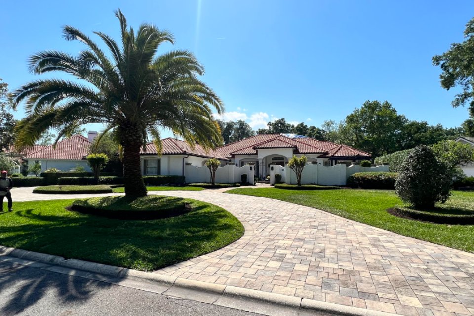 A curved paver driveway wrapping around a round lawn island with a palm tree, in front of a house with a red tile roof