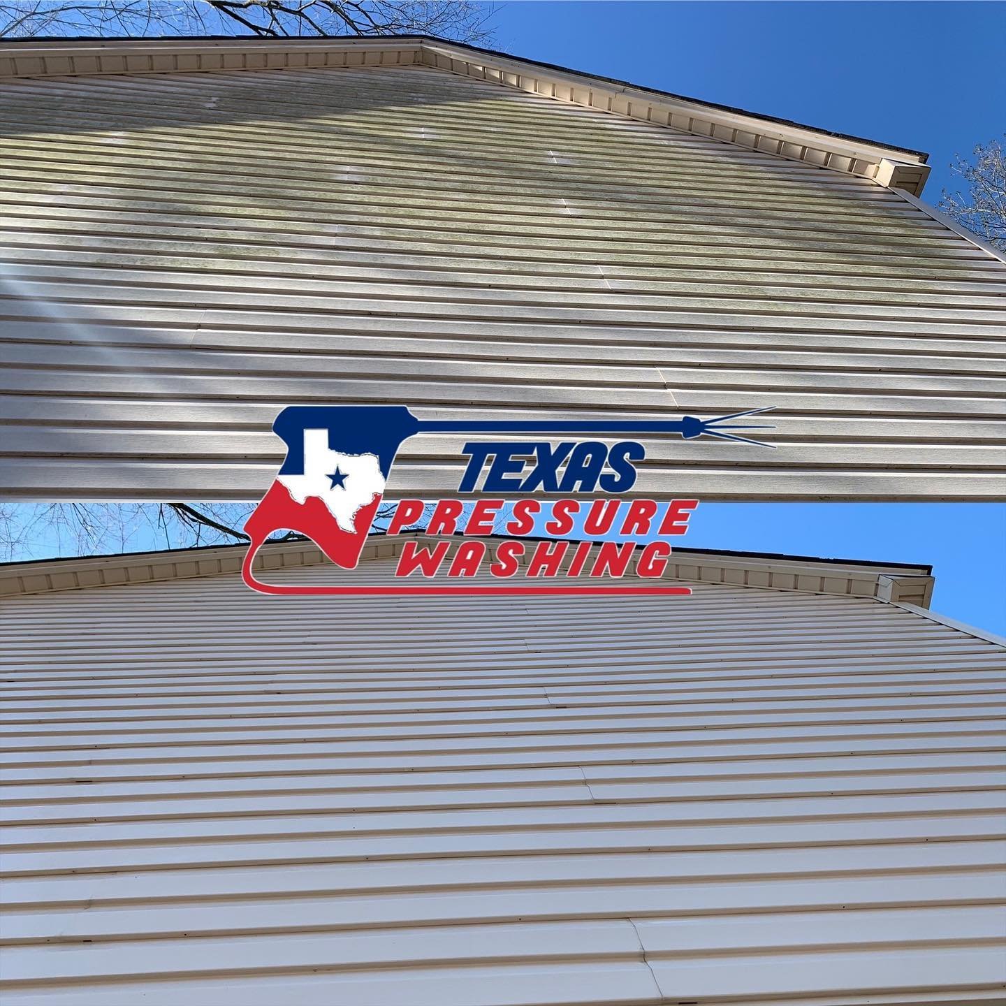 Split view of vinyl siding on a gable, green-streaked on top and clean below, seen from the ground