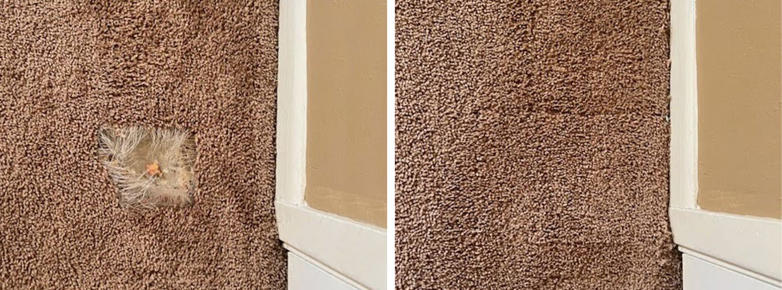 A square of damaged brown carpet near a wall, left, and the same spot after a patch